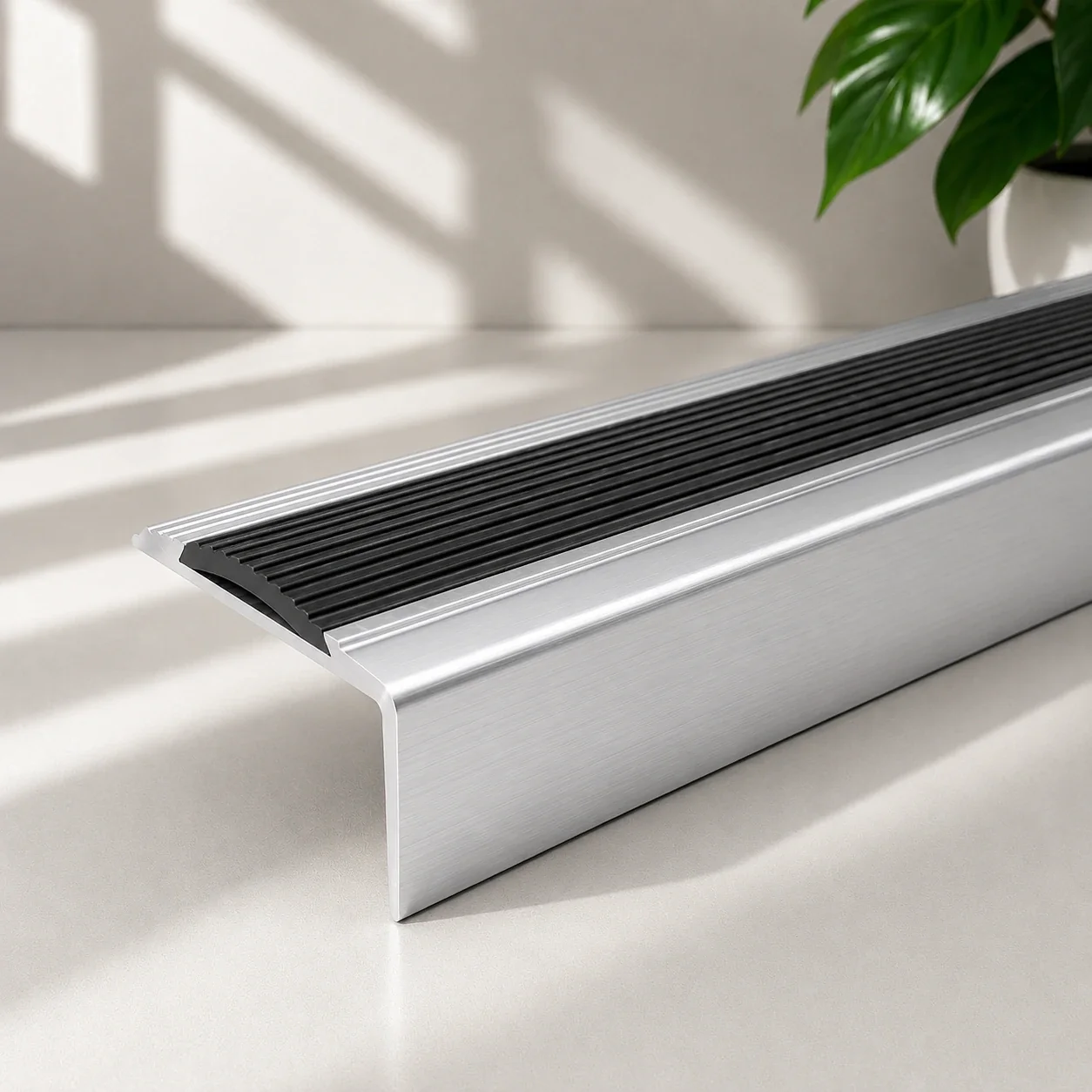 screwfixsilverwithblackrubber 46x30mm Aluminium Stair Nosing Edge Trim With Rubber Insert UK - Image 1